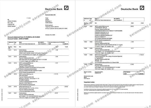 Germany Deutsche Bank account statement Word and PDF template, 2 pages
